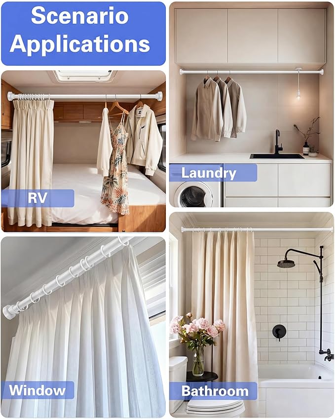 No Drilling Closet Rods for Hanging Clothes, Non Slip Tension Rod with Heavy Duty Clothes Hanging Rod, 17-39 Inches Adjustable Spring Closet Rod for Closet Wardrobe Bathroom Laundry RV, White