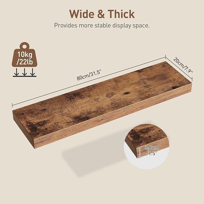 RALGEND Floating Shelves for Wall, 1.5" Thick Wall Shelf Set of 3 with Invisible Brackets, L31.5 x W7.9 Hanging Shelves Farmhouse Home Decor for Bathroom, Living Room, Bedroom, Rustic Brown 8301BJP3BF