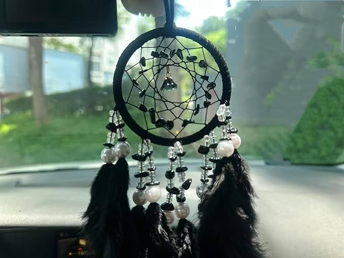 Mini Dream Catcher for Car Rear View Mirror Accessories,Handmade Small Dream Catchers Boho Car Charm Interior Decor（Black）