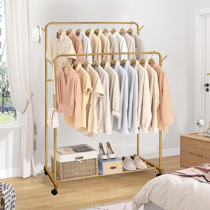 AT-VALY Double Rod Clothing Rack with wheels,Garment Rack for Hanging Clothes,Multi-functional Bedroom Clothes Rack (Gold)