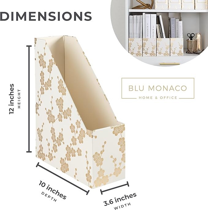 BLU MONACO | Set of 4 Foldable Magazine Storage Boxes with Gold Floral Pattern | Decorative Vertical File Organizers with Gold Label Holders for Desk, Shelves & Home Office