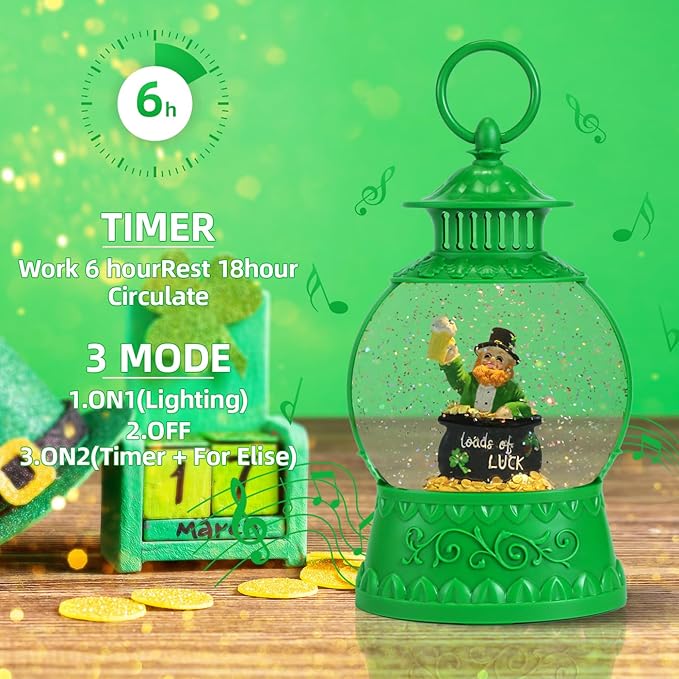 St Patricks Day Snow Globe Decor,St Patricks Day Light Up Snow Globe 6H Timer, USB/Battery Operated,St Patricks Day Home Party Decor