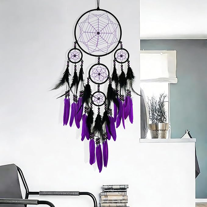 Purple and Black Dream Catcher Large Dream Catchers Wall Decor Handmade Feather Dreamcatcher Wall Hanging Ornament for Bedroom Living Room Home Decor