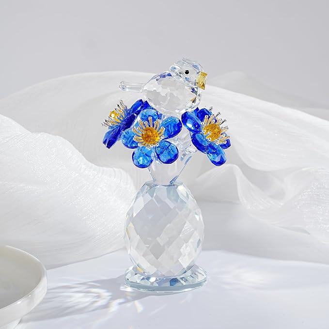 Crystal Bird & Forget-Me-Not Flower Figurine,3x4 inch Glass Flower Collectible Ornaments for Home Decor Table Centerpiece Glass Bouquet Flowers Keepsake Gifts for Women （Blue）