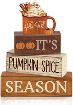 Lineshading 4 Pcs Fall Decorations for Home Wooden Hot Cocoa Cup Block Sign Thanksgiving Tiered Tray Decor Thanksgiving Centerpiece Rustic Fall Table Decor for Autumn Harvest Party Home Kitchen