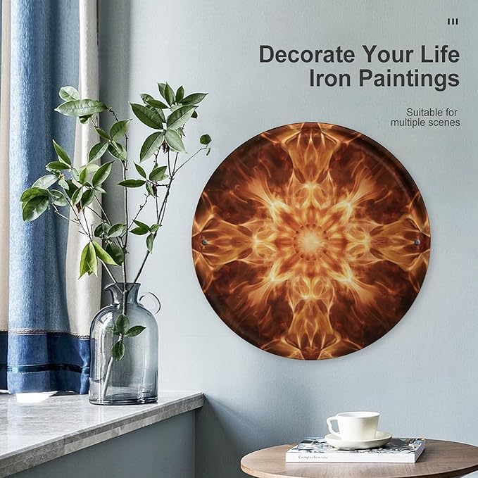 Wall Picture, with Beautiful Flame Pattern Printed Circular Iron Hanging Picture,Wall Art Decor,Home for Bedroom Living Room Bathroom Decor,Iron Painting 11.8X11.8 in