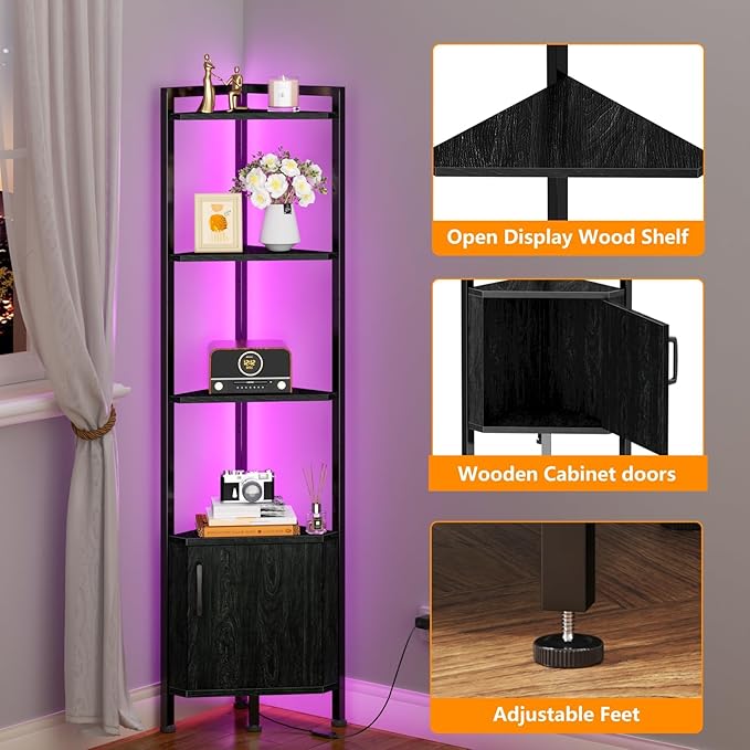 Furnulem Corner Shelf,5-Tier Corner Cabinet with Storage and LED Light, 62.8” Standing Display Bookshelf for Bedroom, Living Room, Kitchen, Wood Display Shelf (Black Oak) | with Storage