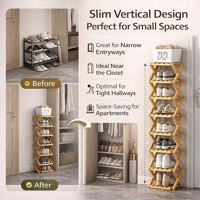 The 9-Tier No-Assembly Bamboo Rack, Folding Bamboo Shoe Rack Organizer with Collapsible Vertical Design, Space-Saving & No-Tool Assembly, for Entryways,Corners,Bedrooms,Balconies (Yellow,3)