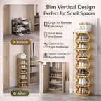The 9-Tier No-Assembly Bamboo Rack, Folding Bamboo Shoe Rack Organizer with Collapsible Vertical Design, Space-Saving & No-Tool Assembly, for Entryways,Corners,Bedrooms,Balconies (Yellow,3)