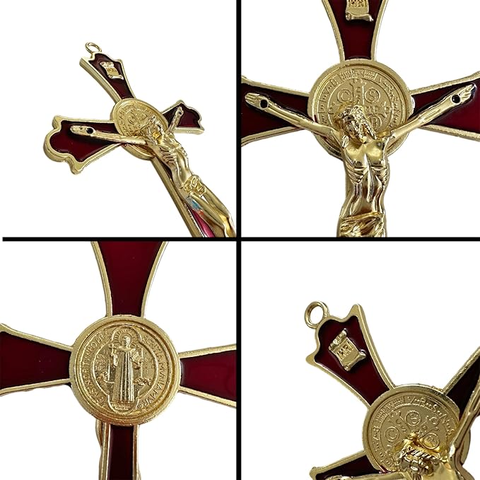 BONITTER Golden St Benedict Crucifix Metal Wall Art, 7.8x4.1 Inch Cross, Blue/White/Black/Red Wall Decor, Saint Benedic Cross for Home Decoration, Catholic Gift (Red)