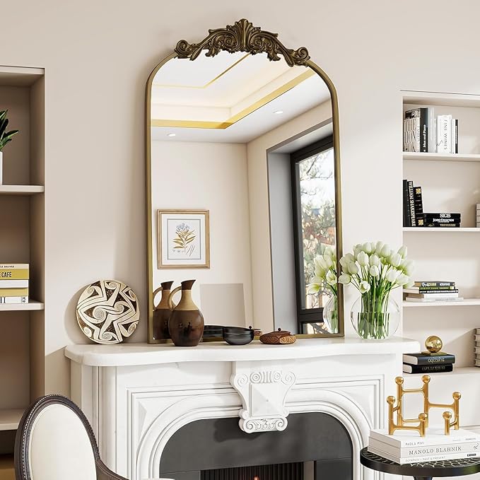 Dewfig Antique Arched Wall Mirror, 24"x36" Vintage Bronze Bathroom Mirror - Baroque Metal Frame Brass Mirror for Living Room, Bathroom, Fireplace, Entryway, Bronze