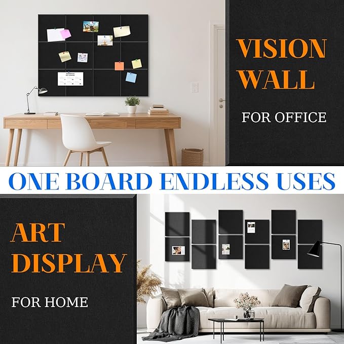 DOLLAR BOSS Large Cork Board for Wall 48" x 36" x 0.5" Bulletin Board 12 Packs Black Cork Board Tiles Self Adhesive Felt Wall Tiles with Pushpins, Corkboard for Office Pin Board Tack Board, Black