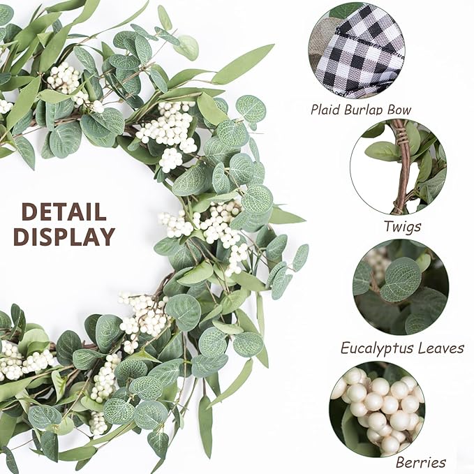Artificial Eucalyptus Wreath for Front Door|20" Green Leaf Wreath for Window Home Porch Farmhouse Patio and Garden Indoor Outdoor Decor with Bow for Spring Summer Fall Winter