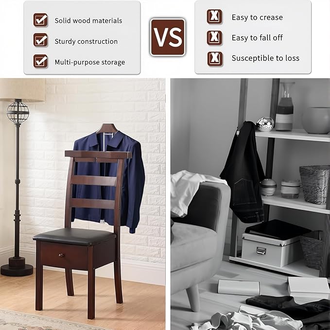 Wood Chair Valet Stand With Hanger Trouser Bar, Top Storage Tray Wardrobe, Clothing Rack Chair Valet With Cushion Wardrobe Men Women Standing Suit Valet for Hotel, Commercial(Dark Brown)