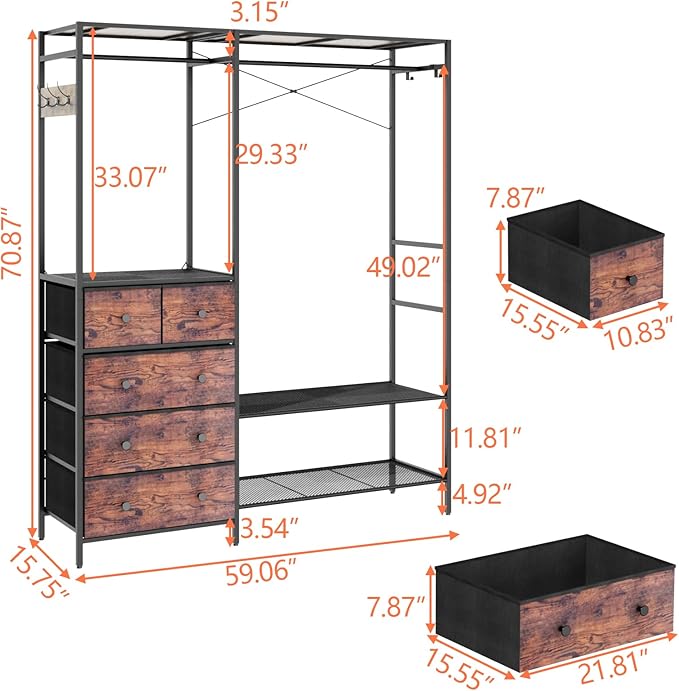 Auromie Heavy Duty Clothes Rack with 5 Drawers & 4 Storage Shelves, 70.9Hx59.1W Clothing Rack with 2 Hanging Rods, Wardrobe Closet Racks with 5 Hooks, Freestanding Garment Racks (Rustic Brown)