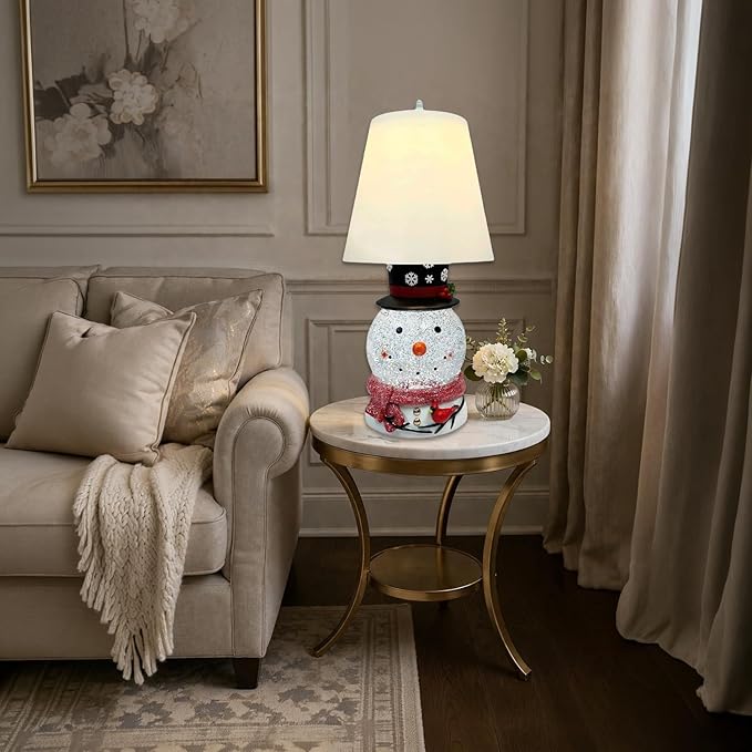 MOMENTS IN TIME Christmas Snowman Table Lamp with Glitter Spinning Water Globe, LED Lighted Holiday Lamp with Fabric Shade, USB or Battery Operated, 17.5 Inch Decorative Home Decor
