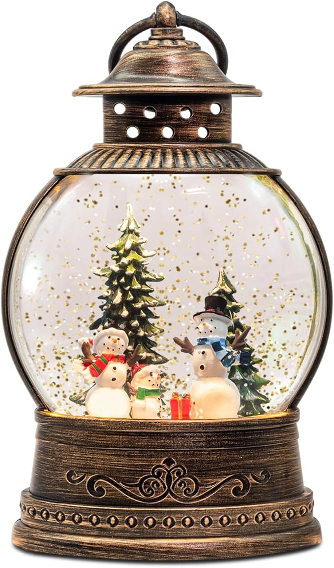 Snow Globes, Snowman Family,Glitter Water Christmas Lantern with 8 Songs, 6H Timer Battery & USB Powered Music Box,Gifts for Men and Kids, Indoor Christmas Decorations