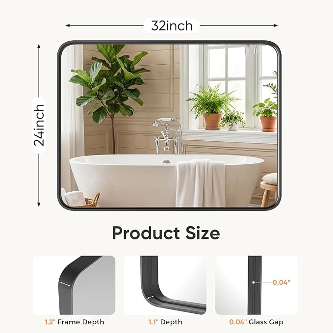 Sweetcrispy Bathroom Wall Mirror, 32x24 Inch Wall Mount Mirror for Over Sink, Modern Rounded Rectangle Vanity Mirrors with Matte Metal Framed, for Home Decor, Living Room, Bedroom, Black