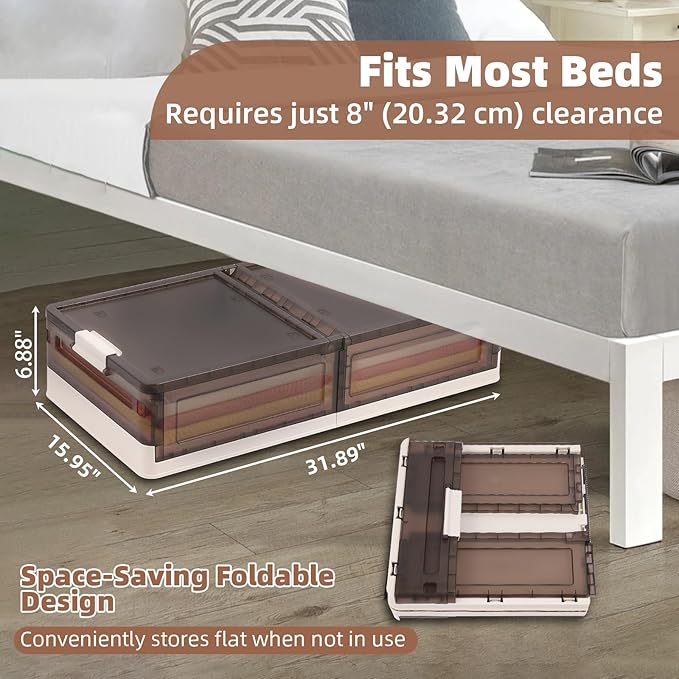 FAHKNS 2 Pack Under Bed Storage with Wheels, 15.2Gal Stackable Under Bed Storage Containers with Lids, Plastic Collapsible Organizer for Clothes and Shoes, Grey