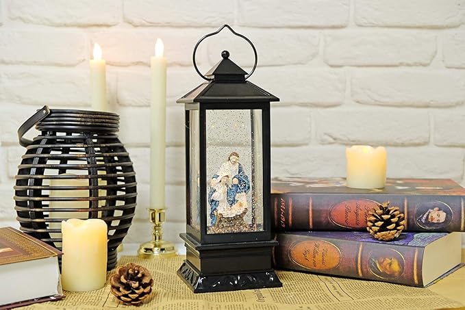 Wondise Lighted Christmas Snow Globes Musical Lantern with Timer, 12 Inches USB Powered & Battery Operated Spinning Water and Swirling Glitter (Jesus)