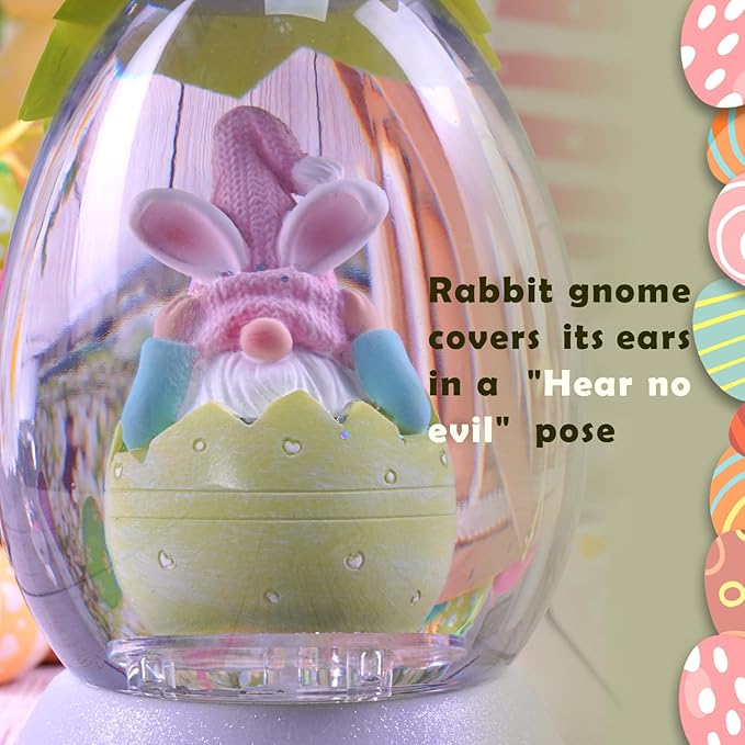 Gnome Easter Snow Globe, Easter Bunny Snow Globe Eggs Spring Decor with Swirling Glitter, 6H Timer, USB or Battery Powered, Hear No Evil Gnome Snowglobe for Tabletop Decor Gift 7.4 Inch (Green)