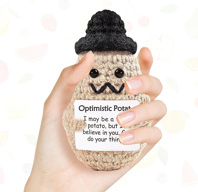 DAFURIET Funny Potato Crochet Gift, 3.7in Handmade Kintted Wool Doll with Emotional Support Card, Cute Cheer Up Gifts for Friends Dad Birthday Party Desktop Decors(Handsome Potato)