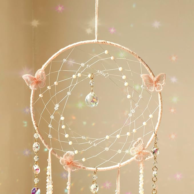 Artilady Butterfly Dream Catchers with Crystals - Large Boho Pink Moon Dream Catcher Wall Decor Home Decorations Girls Kids Baby Bedroom Room Decor Christmas Birthday Teen Girl Boys Gifts