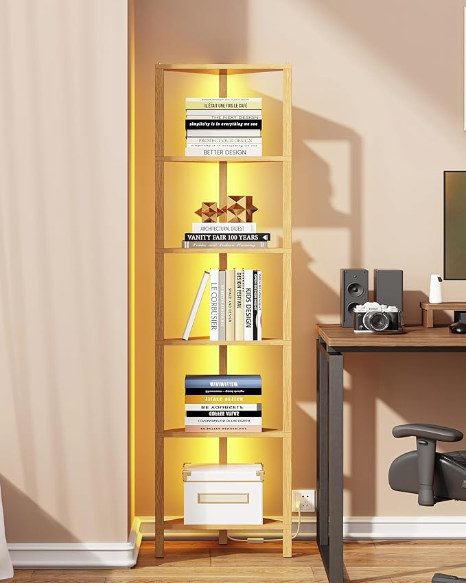 TUTOTAK Corner Shelf with LED Light, 6-Tier Corner Bookshelf for Small Space, Narrow Display Corner Shelf Stand with Storage Rack, for Living Room, Bedroom, Natural BS05BN006L
