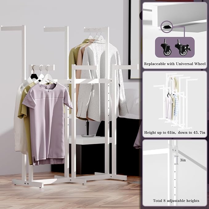 Retail Clothing Rack - for Hanging Clothes - Rolling Metal Garment Racks Heavy Duty, White Commercial Clothing Display Rack Stand with Wheels, Large Sturdy Garmet Racking (8 Arm,White)