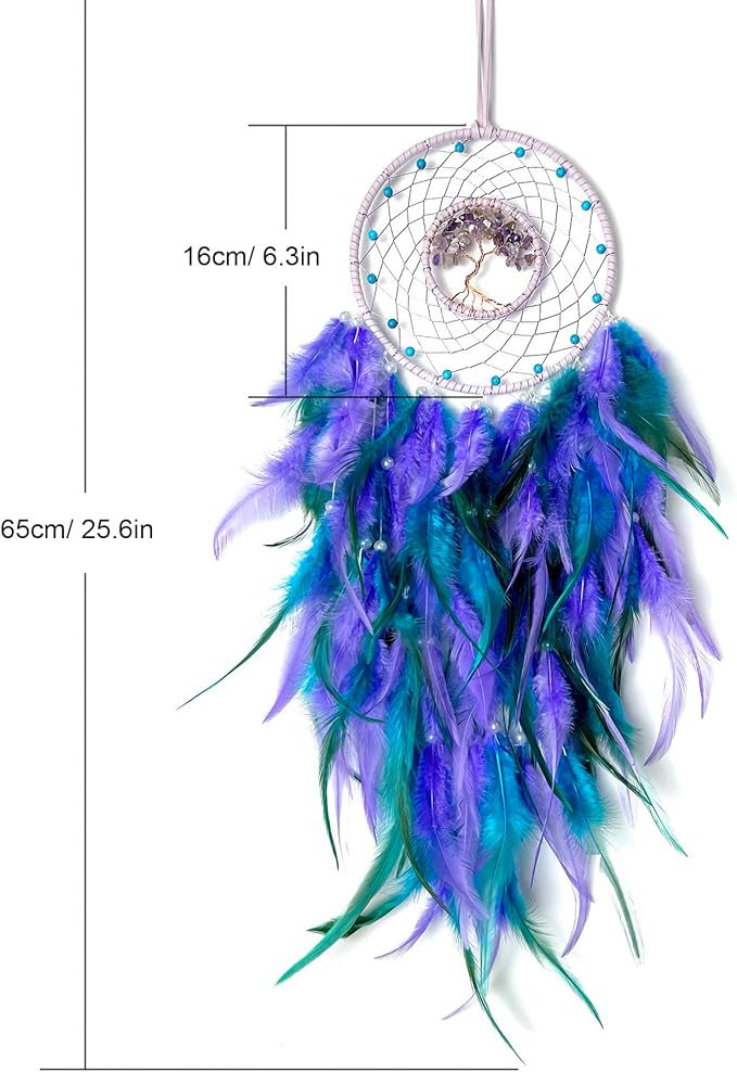 Dream Catchers, Purple Green Dream Catcher Tree of Life Wall Decor, with Natural Healing Crystal Stone, Perfect Handmade Dreamlike Crystal Dream Catcher for Bedroom Art Craft Gift
