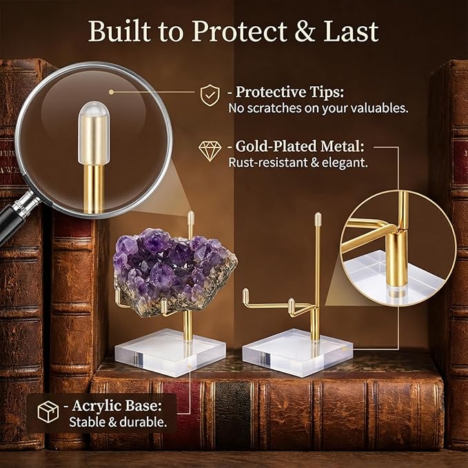 12 Pcs Crystal Display Stand, 2 x 2 x 3.5 Inch Gold Rock Crystal Stand with Acrylic Base Adjustable Metal Arm Display Stands for Mineral, Agate, Geode, Picture