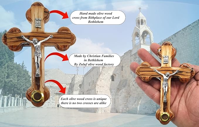 Zuluf 5.5" Wooden Wall Cross with 14 Stations Crucifix and Jerusalem Soil Christian Holy Land Gift from Israel CRS092