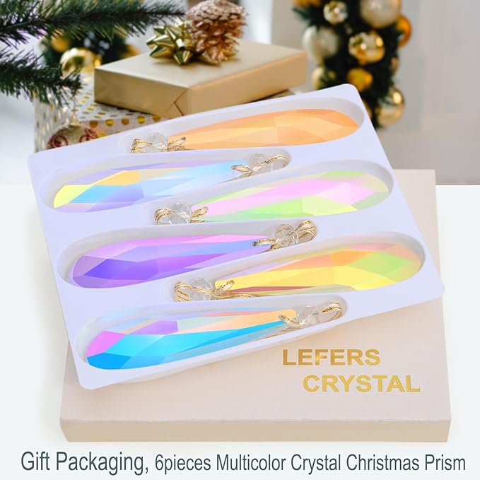 Crystal Glass Christmas Ornaments, 6Pcs Teardrop Prism Hanging Crystals for Christmas Tree,Centerpieces,Wedding,Party Decor (Multicolor)