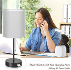 17.3’’ Table Lamps Set of 2 with 2 USB & AC Outlet, Bedside Nightstand Lamps for Bedroom Living Room Kid’s Room, Desk Lamp with Pull Chain Switch & Fabric Shade for Office Reading Nursery, Grey