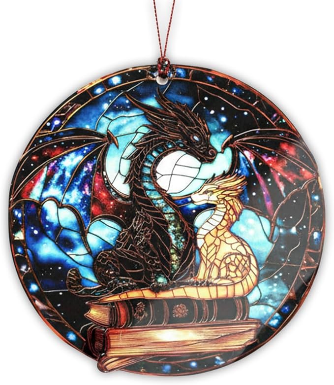 Dragon Gifts for Women Man, Dragon Book, Fantasy Ornament, Gothic Style Decor, Mystical Art Hanging Keepsake, Cosmic Inspired Design, Reading Lover Display, Unique Home Accent, Enchanting Collector