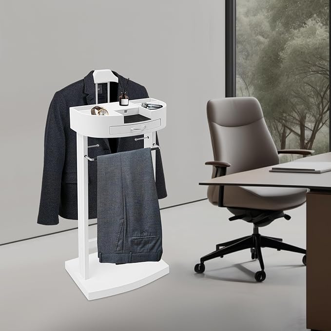 Suit Valet Stand for Men and Women, Wood Suit Stands Butler Clothing Rack, Floor Standing Clothes Valet with Drawer, Top Tray, Contour Hanger, Trouser Bar, Belt Hooks & Shoe Rack (White)