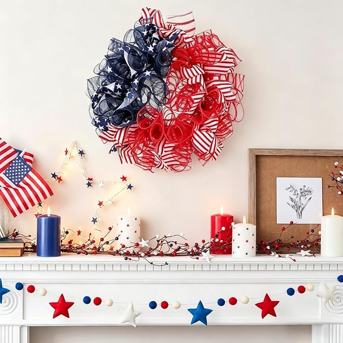Patriotic Wreath for Front Door Red White Blue Wreath 4th of July Wreaths for Door Wall Memorial Day Decor Independence Day Hanging Decoration for Outside Home Farmhouse Holiday (Mesh)