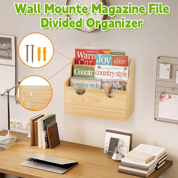Wood Magazine Holder, 4 Tiers Wall Mounted Desktop Magazine File Divided Organizer, Mail Paper Sorter Newspaper Storage Bin Basket for Office, Home