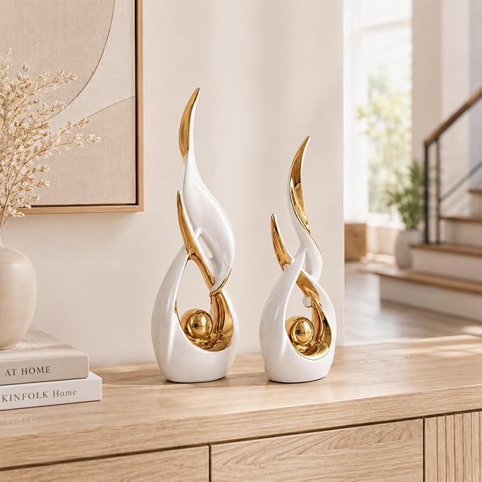 2 PCS White Gold Ceramic Statues For Home Decor Accents, Modern Abstract Art Sculptures, Elegant Tabletop Decorative Objects For Dining Room, Entryway, Tv Stand, Mantel, Coffee Table Centerpieces