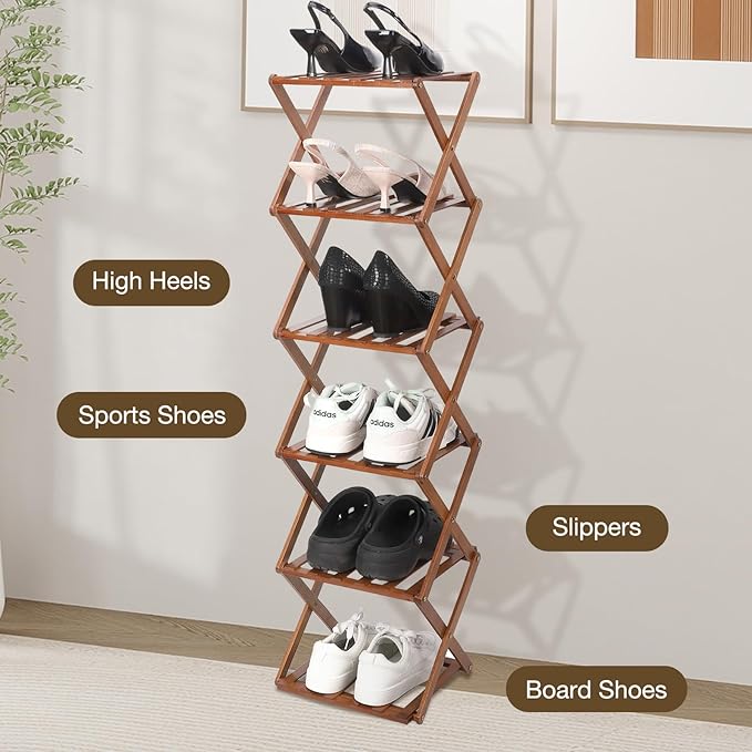 Bamboo Shoe Rack 6 Tier Foldable Shoe Rack Narrow Vertical Shoe Organizer Free Standing Shelf, Multifunctional Slim Storage for Entryway, Corner, Bedroom, Hallway, Walnut Color