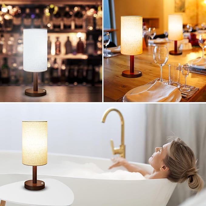 LALISU Cordless Table Lamp, 3 Color Dimming Portable Battery Lamp, Touch Control Wood Base Small Bedside Lamps for Night Stands, Living Room, Office(LED Bulb Included) (Cordless Wood Base)