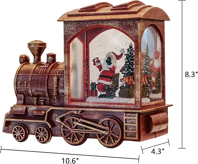 Musical Christmas Snow Globe Lantern Battery Operated with 6 Hour Timer Spinning Water Red Train Singing Lighted Snow Globe Lamp Holiday Decoration Gift(Santa, 10.6 x 4.3 x 8.3 Inches)