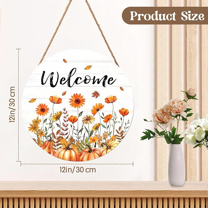Fall Welcome Sign for Front Door Fall Floral Wooden Door Hanger 12x12 Inch Autumn Wreath for Outdoor Outside Porch Decor Farmhouse Flowers Welcome Hanging Sign for Home Wall Greeting Party