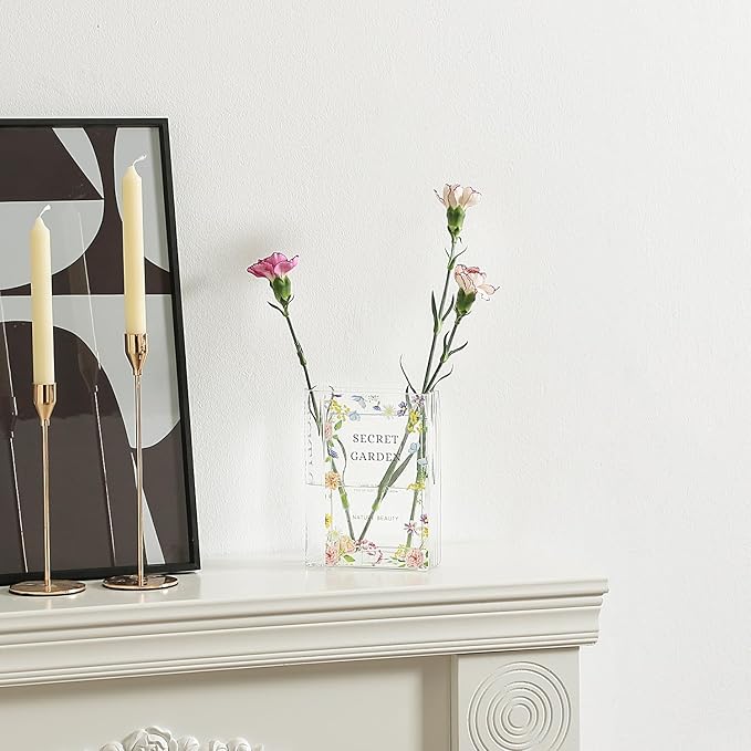 Glass Book Vase, Clear Book Vase for Flowers, Unique Flower Vase, Modern Book Shaped Vases for Bedroom, Living Room, Office, Coffee Table, Bookshelf(Garden)