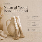 OMISHE 60" Long Extra Large Wood Bead Garland with 1.6" Diameter Wooden Beads and Tassels, Rustic Farmhouse Country Decorative Beads for Home Tiered Tray Decor, White