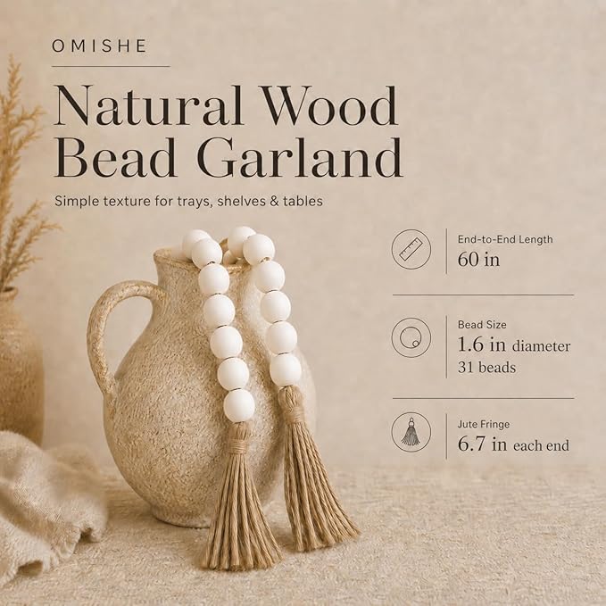 OMISHE 60" Long Extra Large Wood Bead Garland with 1.6" Diameter Wooden Beads and Tassels, Rustic Farmhouse Country Decorative Beads for Home Tiered Tray Decor, White