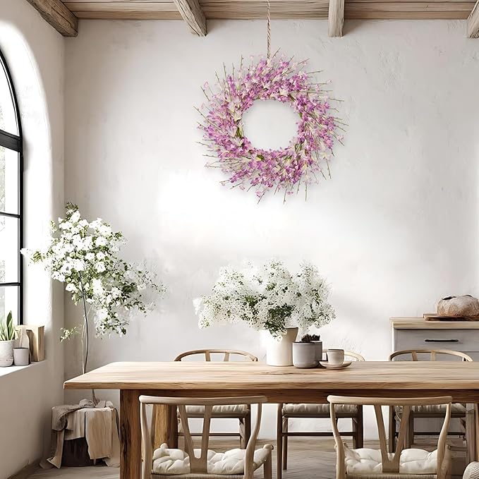 24 Inch Artificial Purple Forsythia Flower Wreath, Lavender Silk & Paper Bridal Floral Wreath for Front Door, Romantic Spring Summer Decor, Elegant All Season Farmhouse Porch Wall Decoration