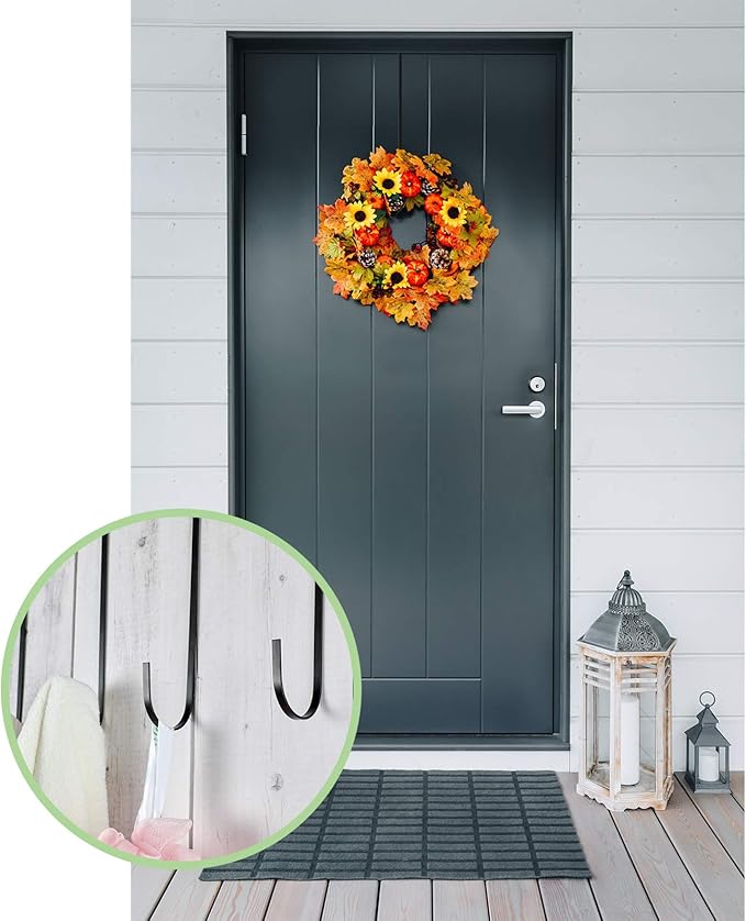 Hotop 15 Inch 4 Pcs Wreath Hangers for Front Door Steel Metal Wreath Doors Hanger Over The Door Hanger Hook Indoor or Outdoor for Christmas Halloween Front Decorations Welcome Sign(Black)