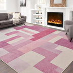 FlyDOIT Modern Geometric Patchwork Area Rug, 8x10 Pink Large Rugs for Living Room, Rockwood Collection Indoor Rugs for Bedroom, Throw Carpet Floor Decor for Entryway Dining Room Office Nursery