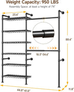 ONBRILL H2 Wall Mounted Clothing Rack, Expandable Industrial Pipe Clothes Rack Garment Racks for Hanging Clothes, Heavy Duty Closet Organizers and Storage in Closet System, Black